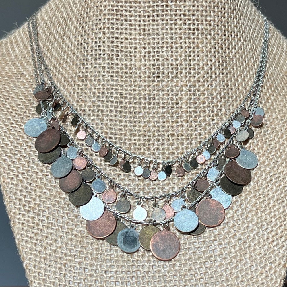 Shaky Disc Multi Strand Necklace Antique Bronze Silver Tone Chain Adjustable